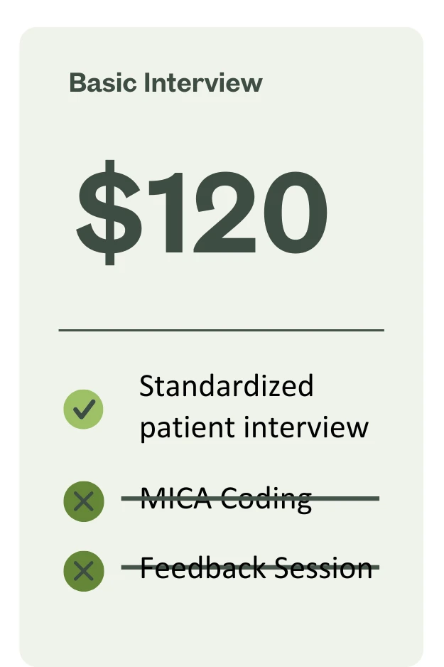 A basic interview includes the standardized patient interview without a MICA coding or coaching for one hundred and twenty dollars