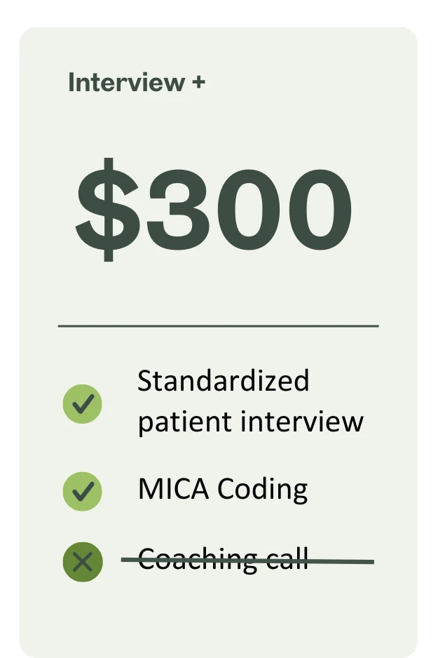 The interview plus bundle includes a standardized patient interview and a MICA coding for three hundred dollars